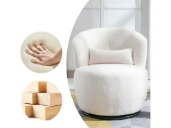 Sillón giratorio - sillón relax para salón - acolchado con felpa - con base giratoria de metal + con cojín lumbar - Blanco