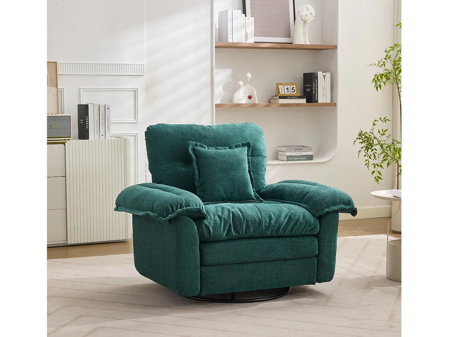 Sillón giratorio en tejido chenilla verde con cojín - Para salón, dormitorio y oficina