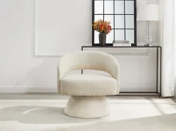 Sillón giratorio redondo en chenilla beige FEDOTE