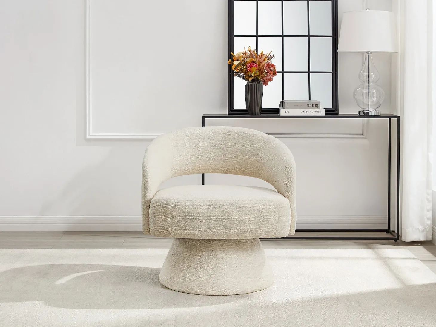 Sillón giratorio redondo en chenilla beige FEDOTE