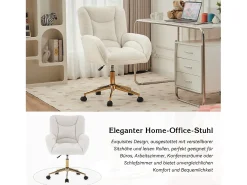 Sillón giratorio regulable en altura - patas doradas - terciopelo Teddy blanco