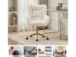 Sillón giratorio regulable en altura - patas doradas - terciopelo Teddy blanco