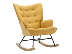 Sillón mecedora de lino amarillo mostaza con patas mecedoras y botones decorativos en el respaldo ELMINA II