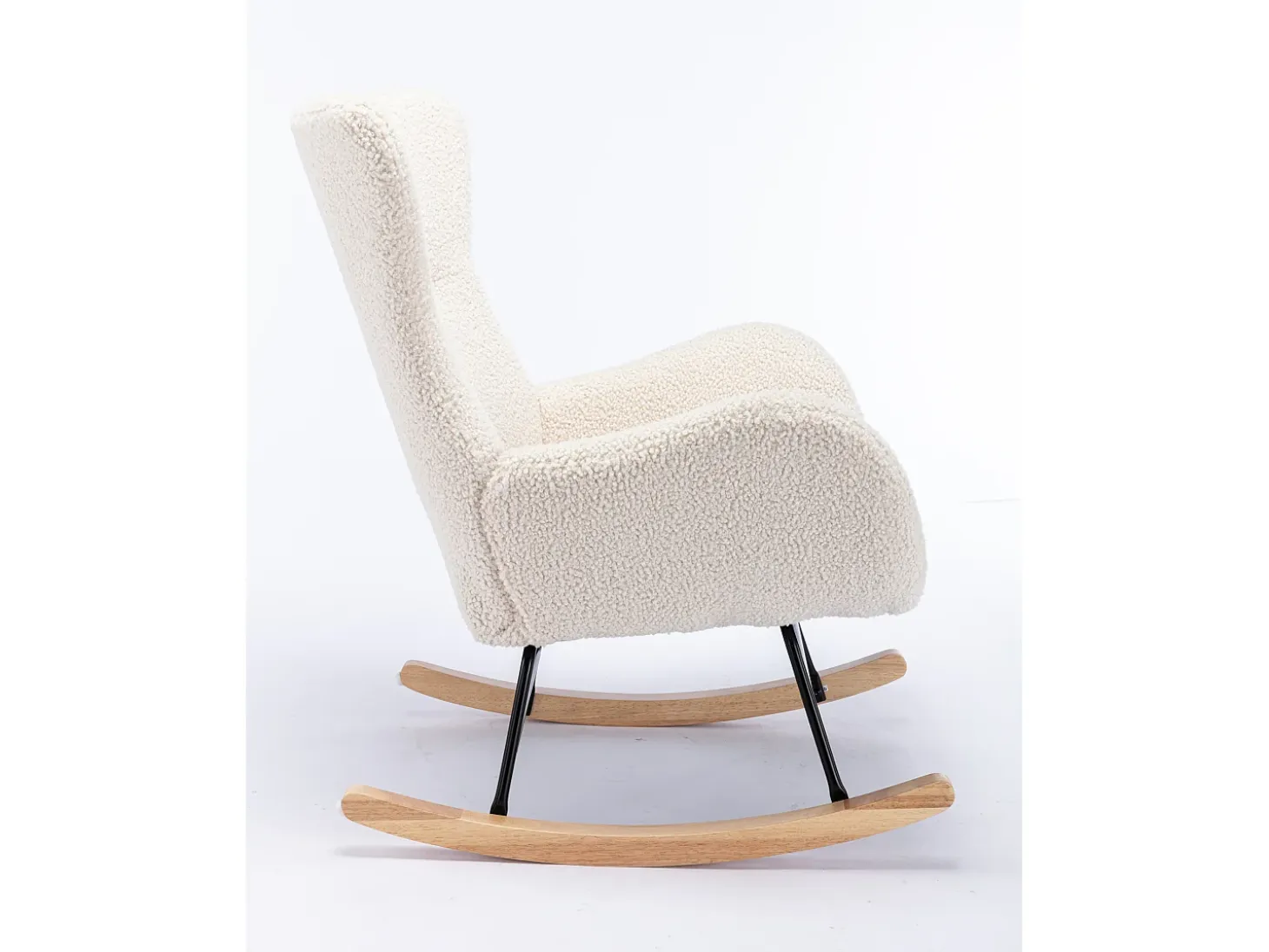 Sillón mecedora, sillón relax, sillón lounge, reposabrazos, con patas de madera, tejido peluche Teddy beige, carga máxima: 150 kg