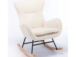 Sillón mecedora, sillón relax, sillón lounge, reposabrazos, con patas de madera, tejido peluche Teddy beige, carga máxima: 150 kg