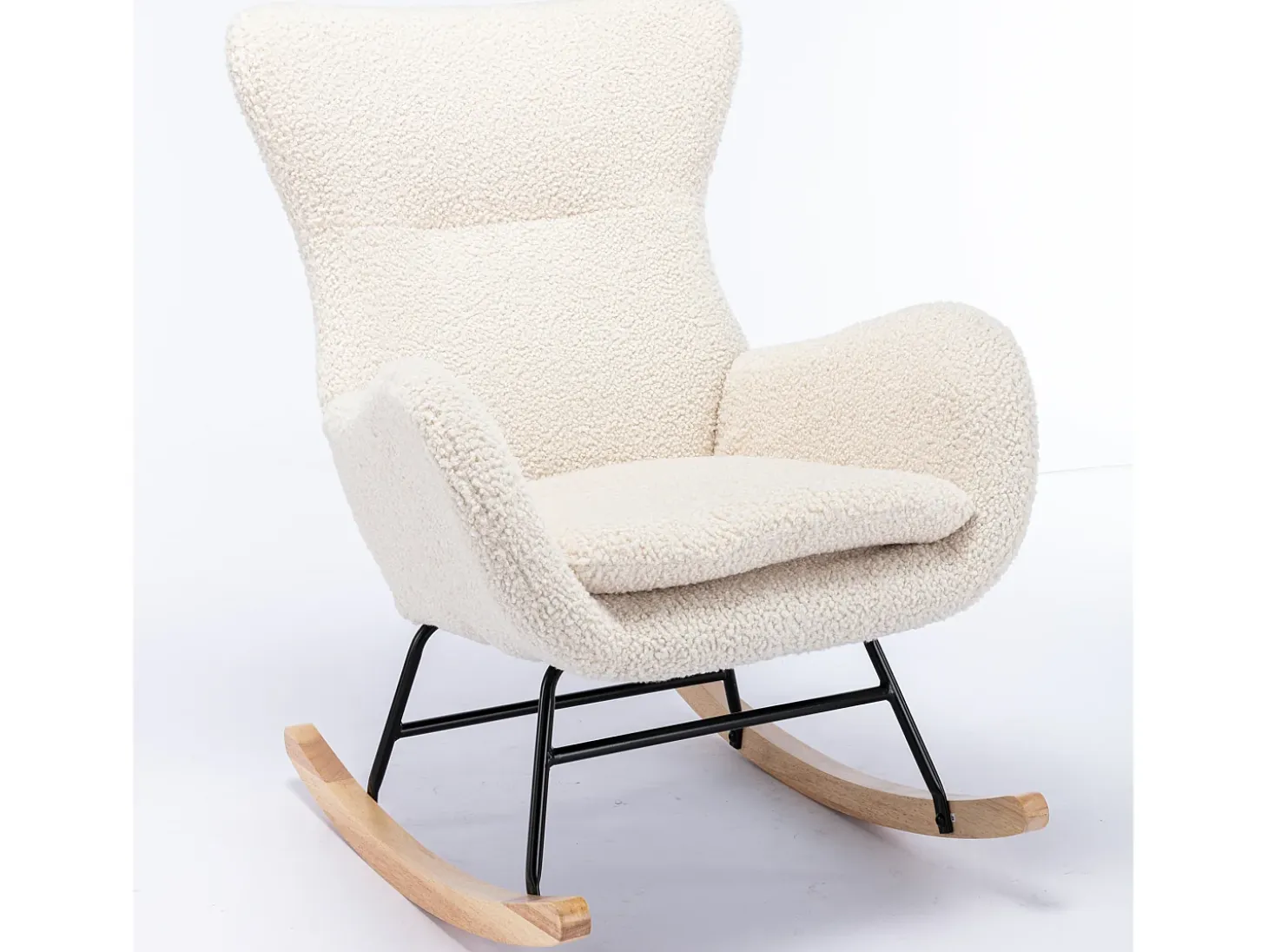 Sillón mecedora, sillón relax, sillón lounge, reposabrazos, con patas de madera, tejido peluche Teddy beige, carga máxima: 150 kg