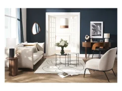 Sillón moderno de tejido efecto aterciopelado texturizado beige y metal negro BREGO