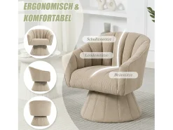 Sillón moderno giratorio 360° - 70 x 66 x 72 cm - con asiento y respaldo ergonómicos + reposabrazos - terciopelo - caqui