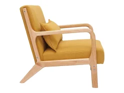 Sillón nórdico de tejido efecto aterciopelado amarillo mostaza y madera clara maciza DERRY