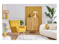 Sillón nórdico efecto terciopelo amarillo mostaza y madera AVERY