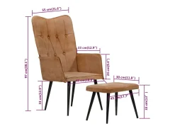 Sillón orejero con reposapiés cuero auténtico marrón canela