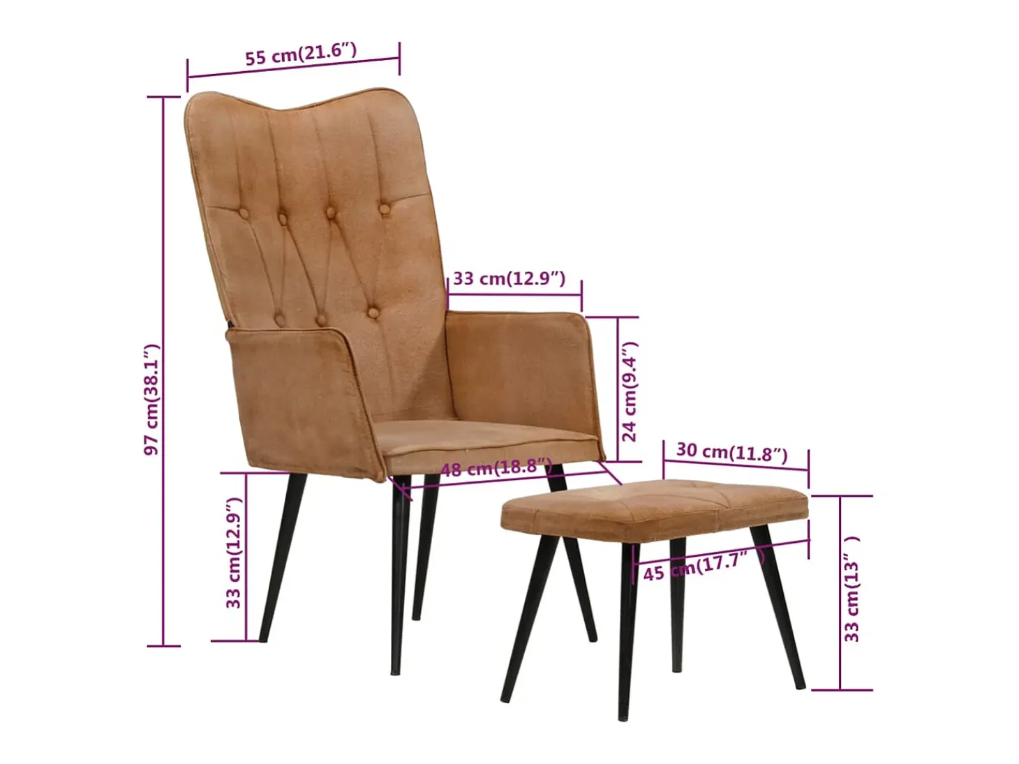 Sillón orejero con reposapiés cuero auténtico marrón canela