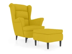 Sillón orejero con taburete terciopelo amarillo mostaza