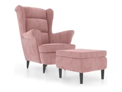 Sillón orejero y taburete de terciopelo rosa
