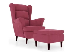 Sillón orejero y taburete de terciopelo rojo tinto