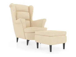 Sillón orejero y taburete de terciopelo crema
