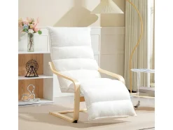 Sillón reclinable, funda suave de sherpa, poliéster, color blanco, con reposapiés ajustable (67x93-114x105 cm)