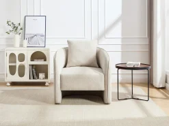 Sillón redondeado de tela jaspeada color beige LANITO