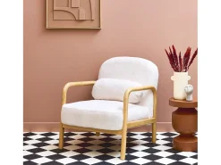 Sillón redondo escandinavo de madera de hevea y tela efecto pelo