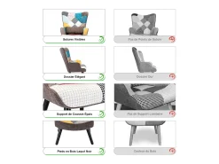 Sillón relajante con taburete Sillón patchwork sillón de madera salón, sillón de TV moderno sillón de lino patas de madera maciza