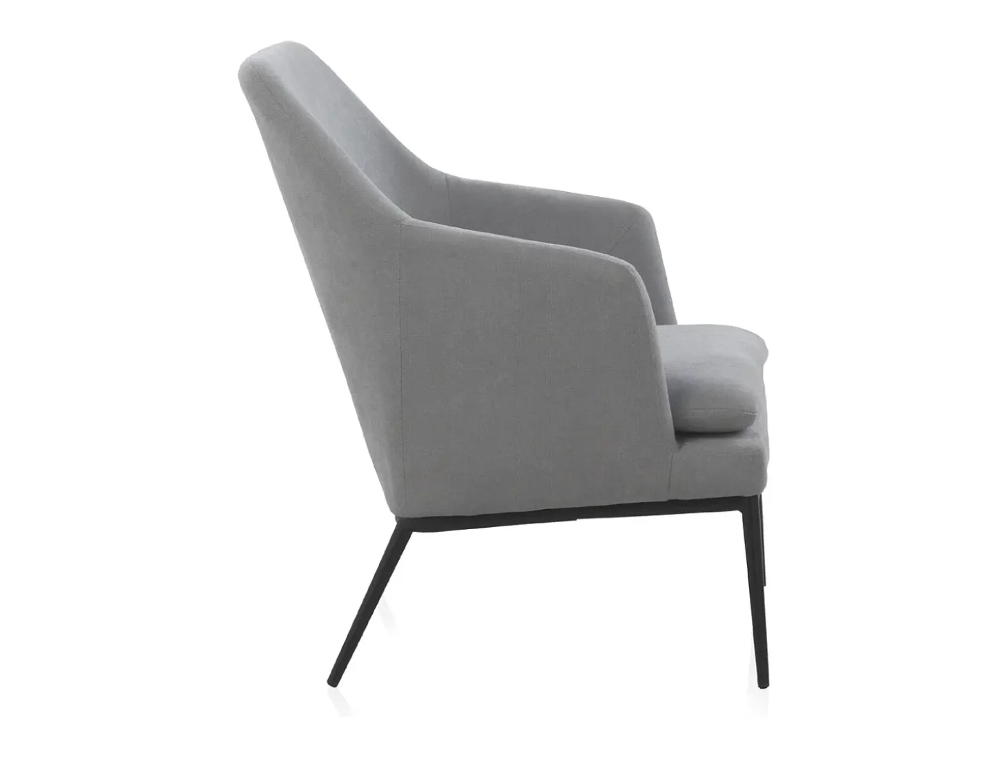 Sillón tapizado color gris perla con cojín y patas de metal negras