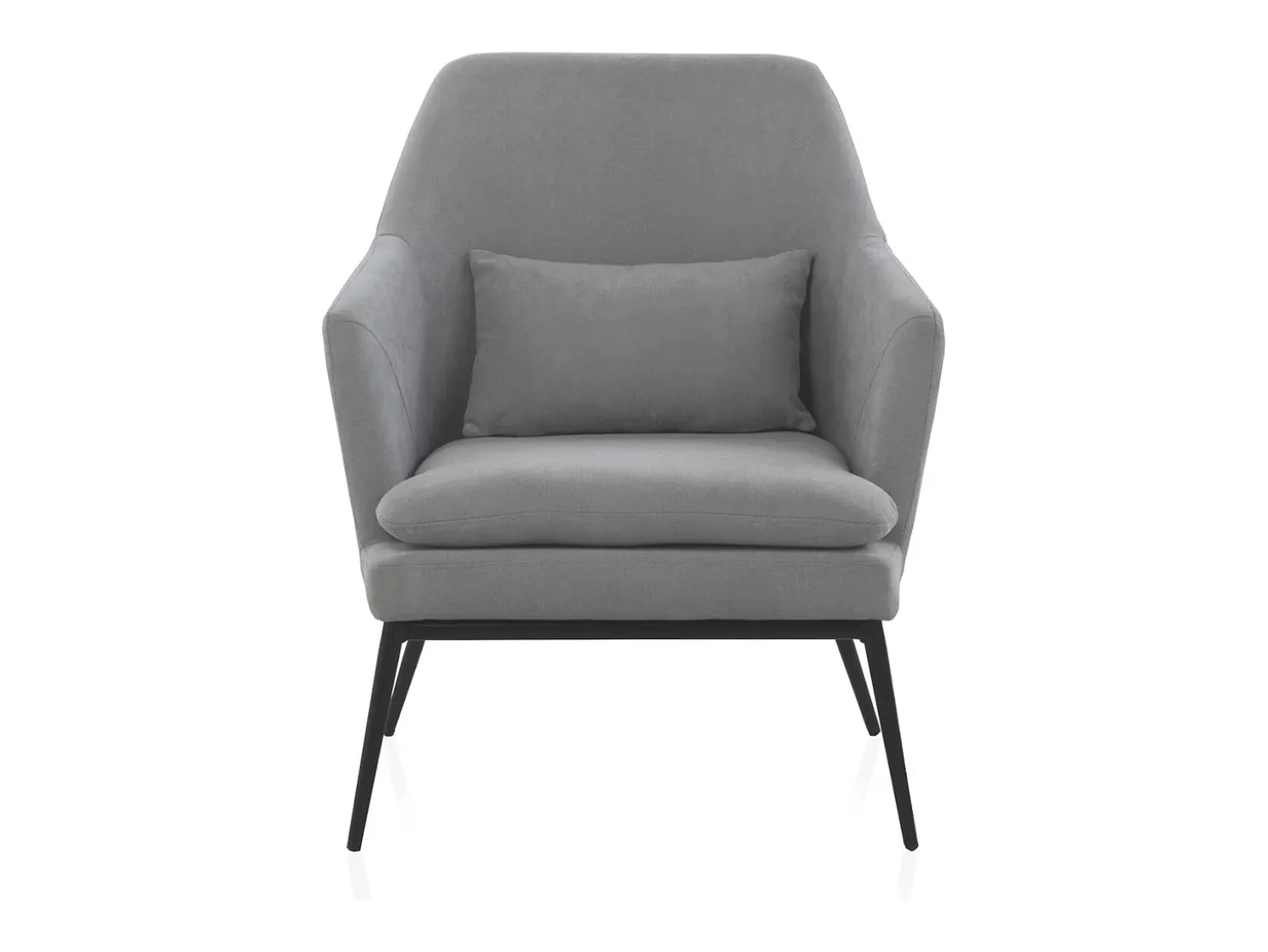 Sillón tapizado color gris perla con cojín y patas de metal negras