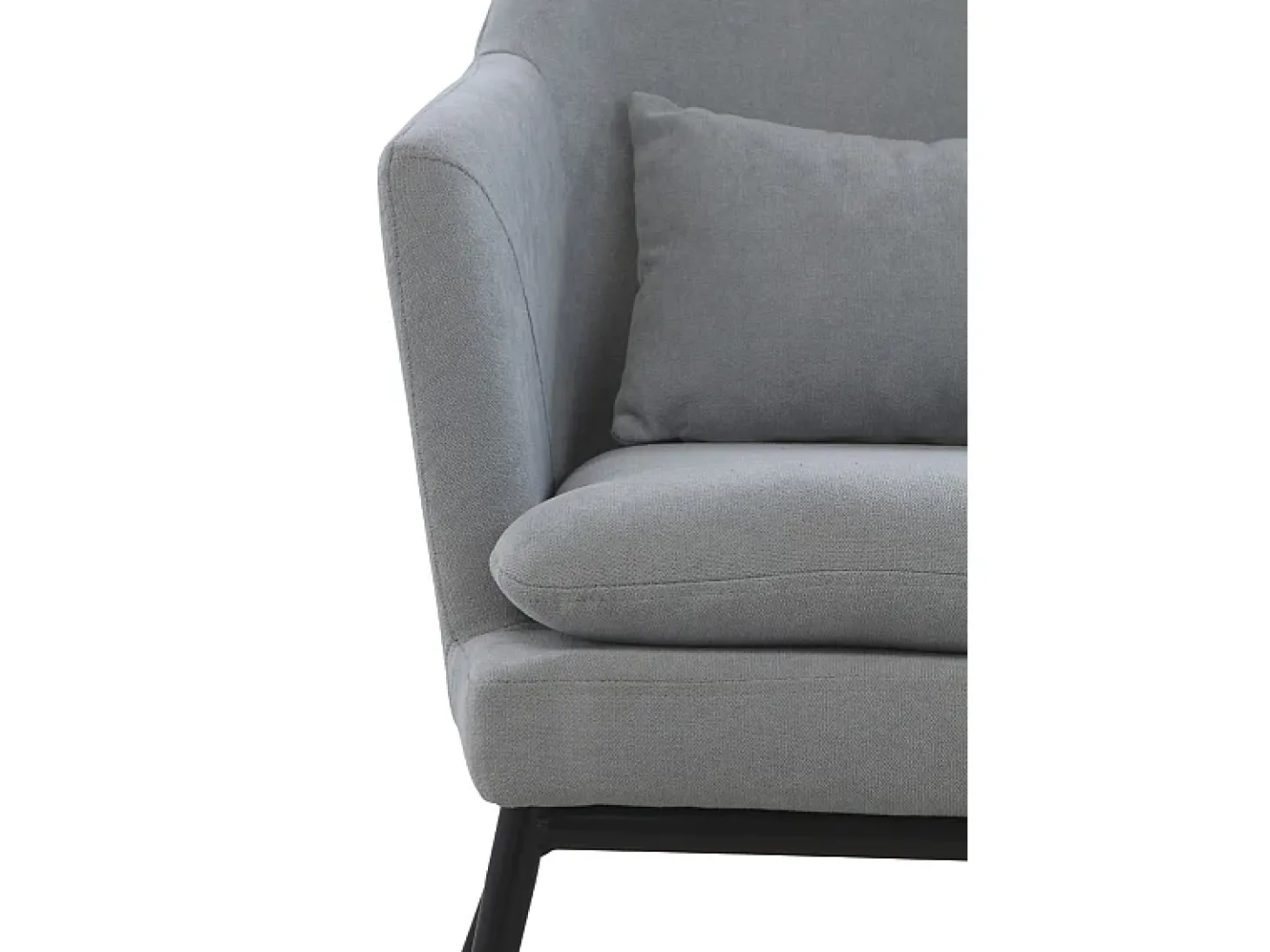 Sillón tapizado color gris perla con cojín y patas de metal negras