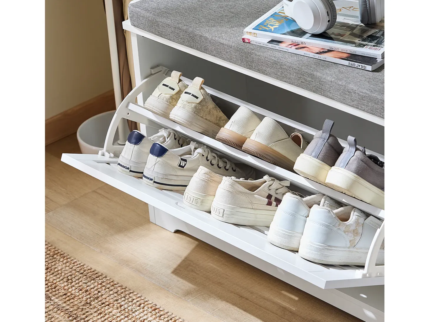 SoBuy FSR185-W Banco Zapatero con cojín Acolchado, 1 Hoja abatible y 2 cajones