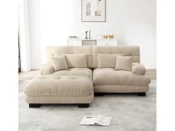Sofá 2 plazas beige - Sofá esquinero con 2 cojines lumbares y 2 cojines decorativos - reposabrazos y reposapiés - chenilla