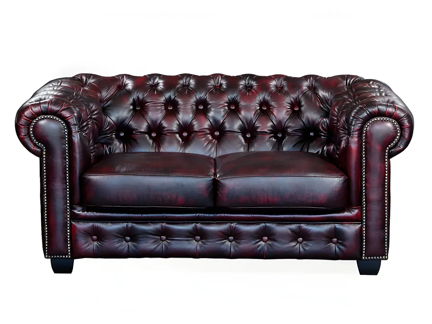 Sofá 2 plazas chesterfield 100% piel color cereza BRENTON