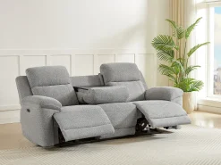 Sofá 3 plazas con relax eléctrico y mesa auxiliar en tela jaspeada gris KELUNO