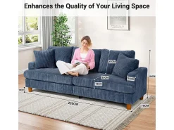 Sofá 3 Plazas de Pana, con 2 Cojines, asientos extra profundos de 53cm, 220x76x84cm, Azul