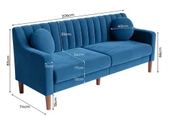 Sofá 3 plazas de terciopelo - patas de madera maciza 19cm - con 2 cojines - 206x74x83cm - Azul