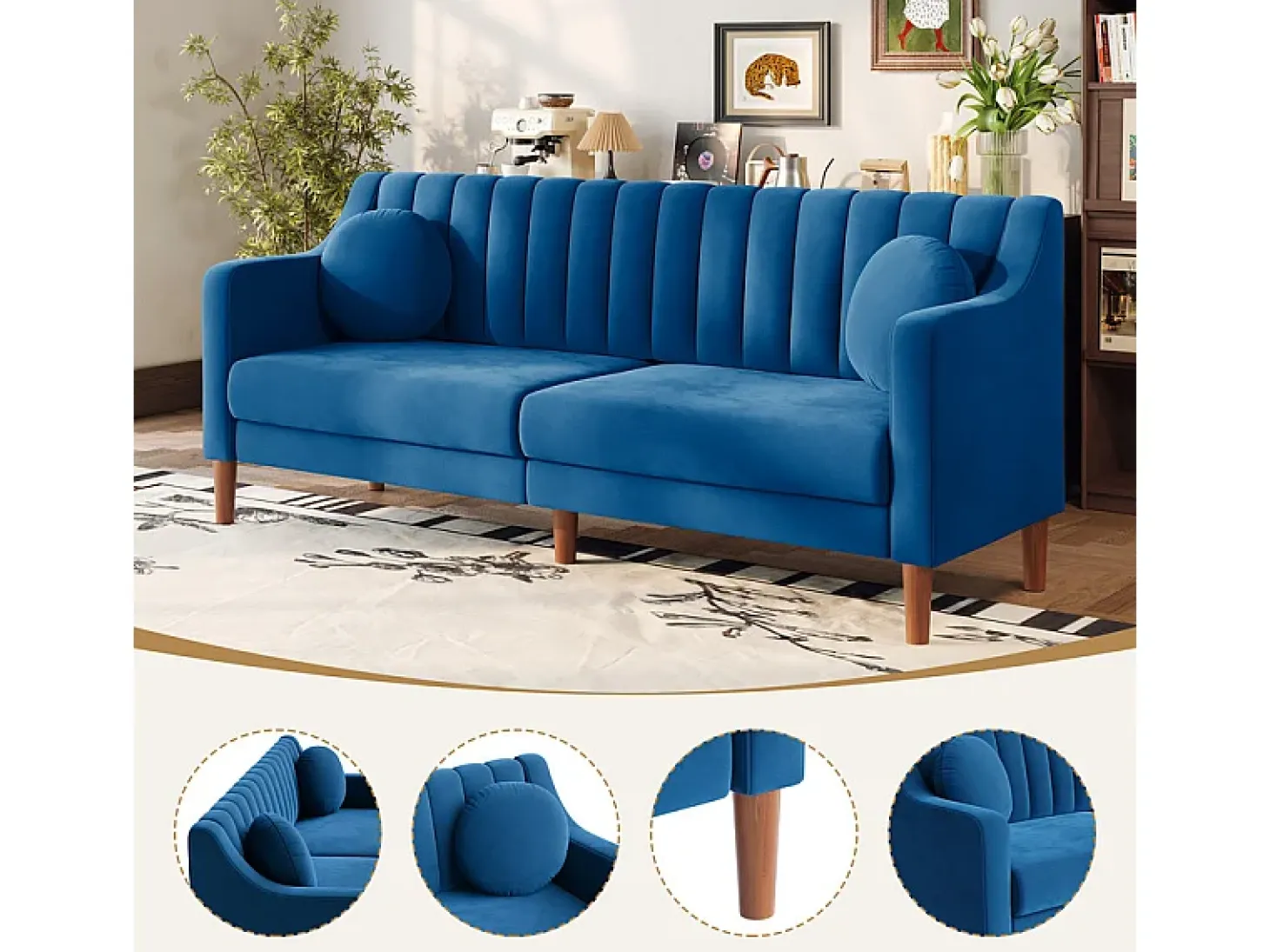 Sofá 3 plazas de terciopelo - patas de madera maciza 19cm - con 2 cojines - 206x74x83cm - Azul
