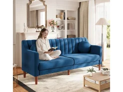Sofá 3 plazas de terciopelo - patas de madera maciza 19cm - con 2 cojines - 206x74x83cm - Azul