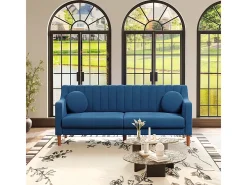 Sofá 3 plazas de terciopelo - patas de madera maciza 19cm - con 2 cojines - 206x74x83cm - Azul
