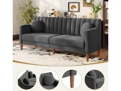Sofá 3 plazas de terciopelo - patas de madera maciza 19cm - con 2 cojines - 206x74x83cm - Gris