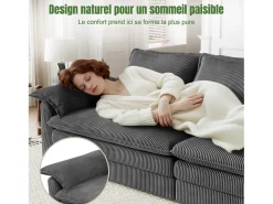 Sofá 3 plazas en pana, con 2 cojines de brazo, desmontables y lavables, 265x86x88cm, Gris