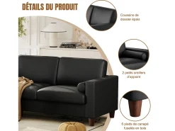 Sofá 3 plazas en skai, con otomana y 2 cojines redondos, estructura de madera, 234x155x88cm, Negro