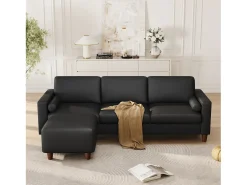 Sofá 3 plazas en skai, con otomana y 2 cojines redondos, estructura de madera, 234x155x88cm, Negro
