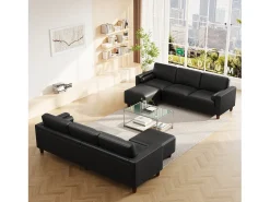 Sofá 3 plazas en skai, con otomana y 2 cojines redondos, estructura de madera, 234x155x88cm, Negro