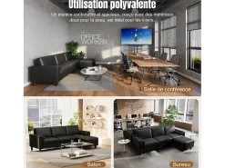 Sofá 3 plazas en skai, con otomana y 2 cojines redondos, estructura de madera, 234x155x88cm, Negro