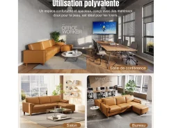 Sofá 3 plazas en skai, con otomana y 2 cojines redondos, estructura de madera, 234x155x88cm, Naranja
