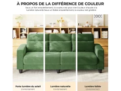 Sofá 3 plazas en tejido chenille verde - con 3 cojines - funda desmontable lavable - 220x81x88cm