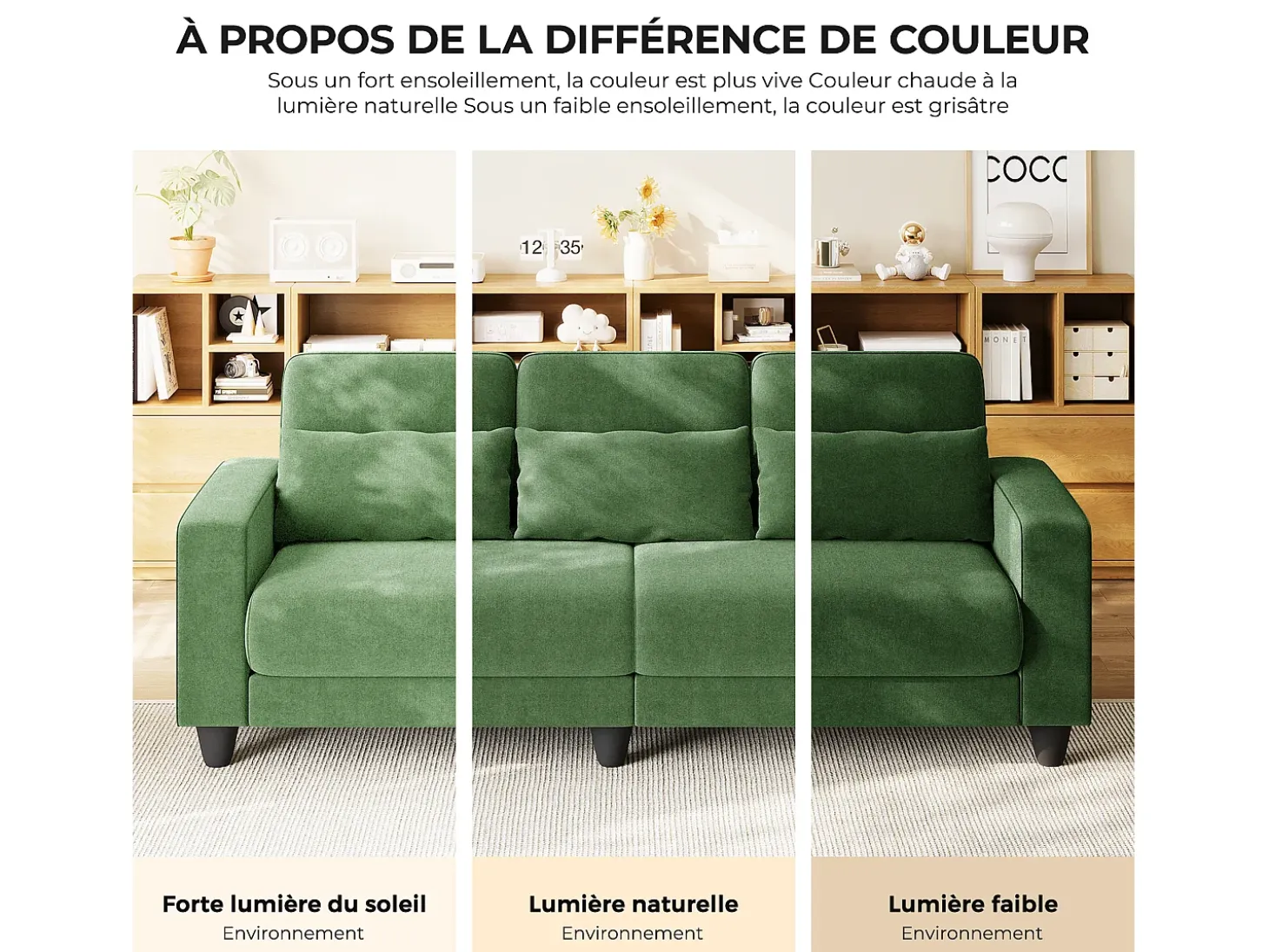 Sofá 3 plazas en tejido chenille verde - con 3 cojines - funda desmontable lavable - 220x81x88cm