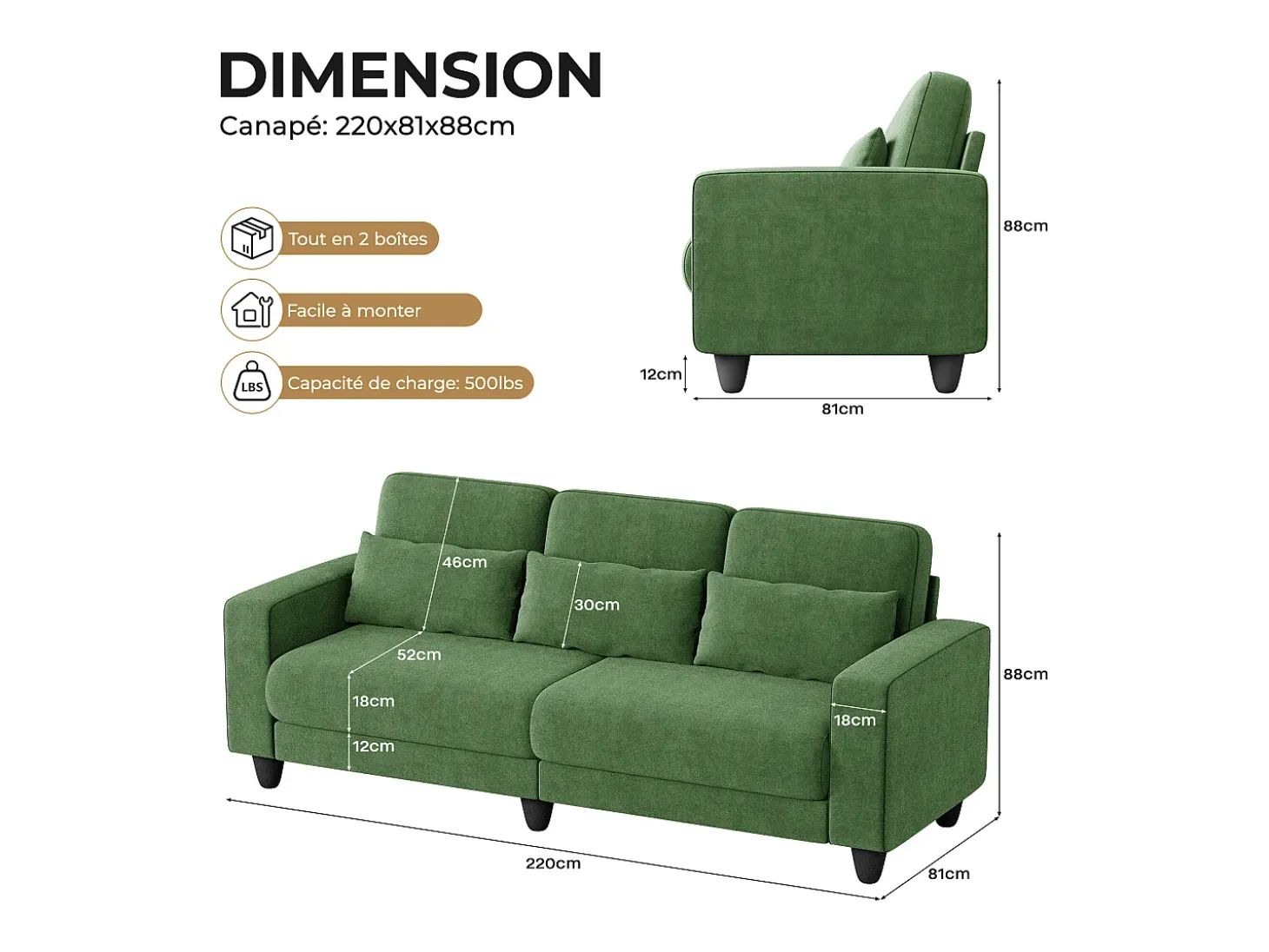 Sofá 3 plazas en tejido chenille verde - con 3 cojines - funda desmontable lavable - 220x81x88cm