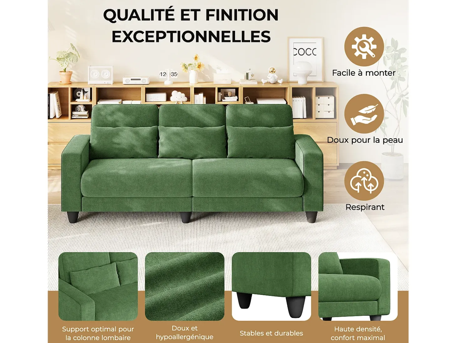 Sofá 3 plazas en tejido chenille verde - con 3 cojines - funda desmontable lavable - 220x81x88cm