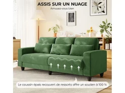 Sofá 3 plazas en tejido chenille verde - con 3 cojines - funda desmontable lavable - 220x81x88cm