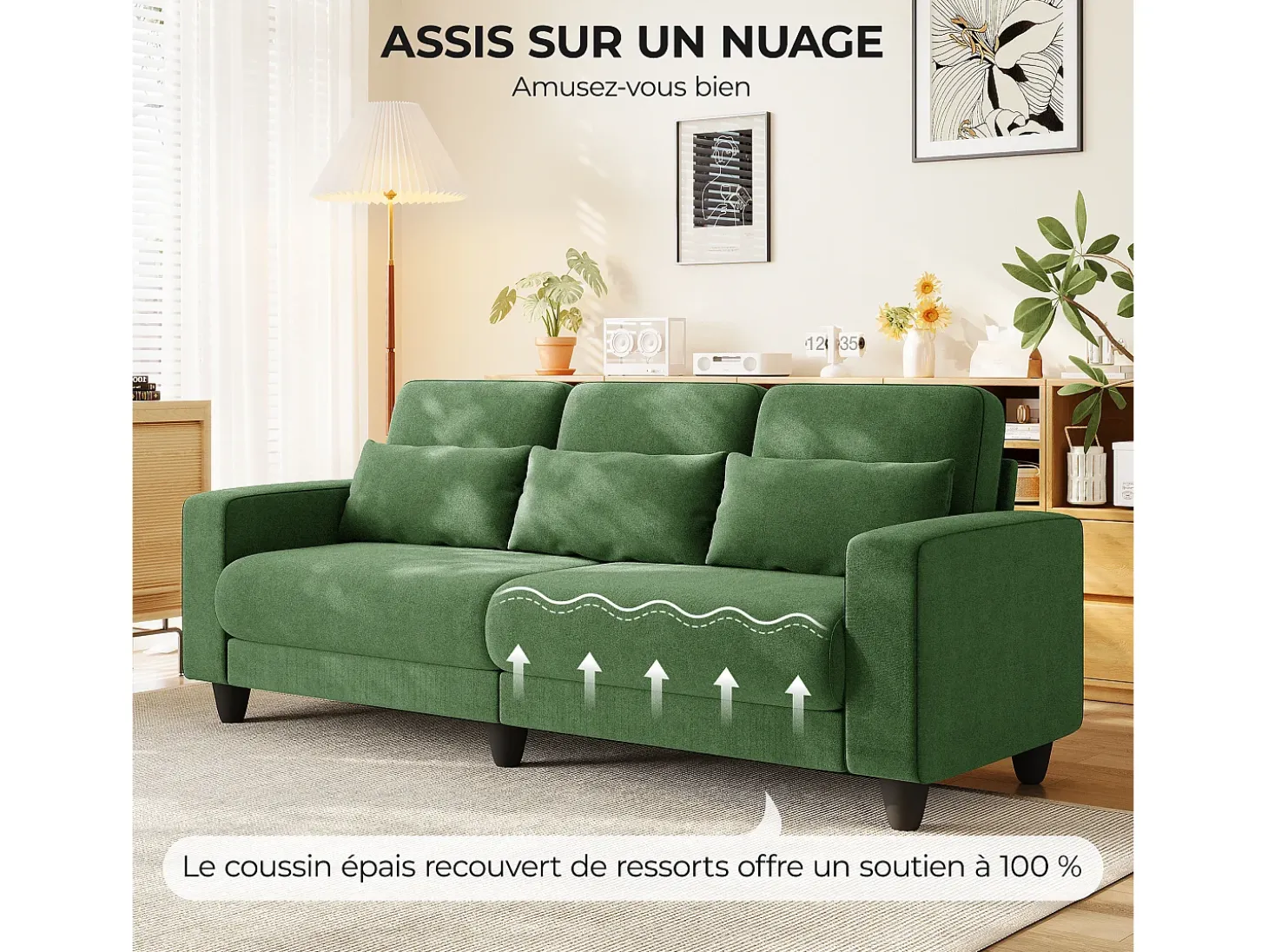Sofá 3 plazas en tejido chenille verde - con 3 cojines - funda desmontable lavable - 220x81x88cm