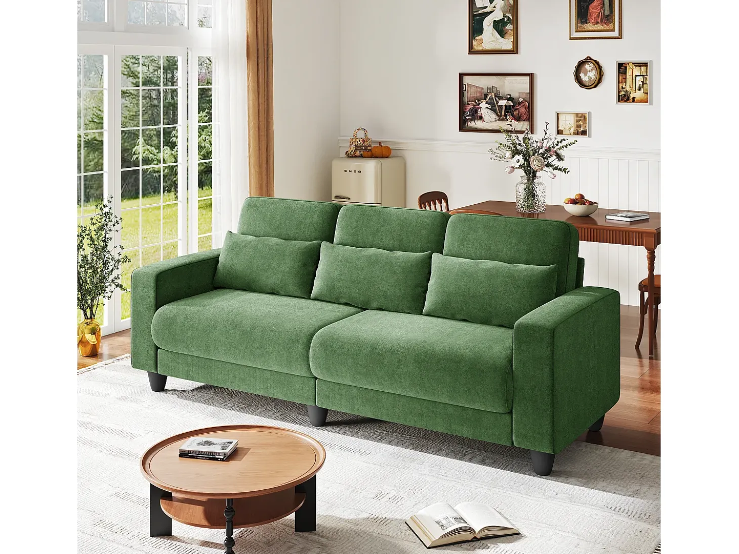 Sofá 3 plazas en tejido chenille verde - con 3 cojines - funda desmontable lavable - 220x81x88cm